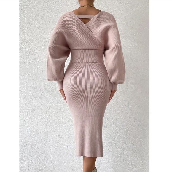 2 Piece Set Rib Knit Blush Pink Midi Skirt and V-Neck Pullover Sweater - Picture 4 of 12